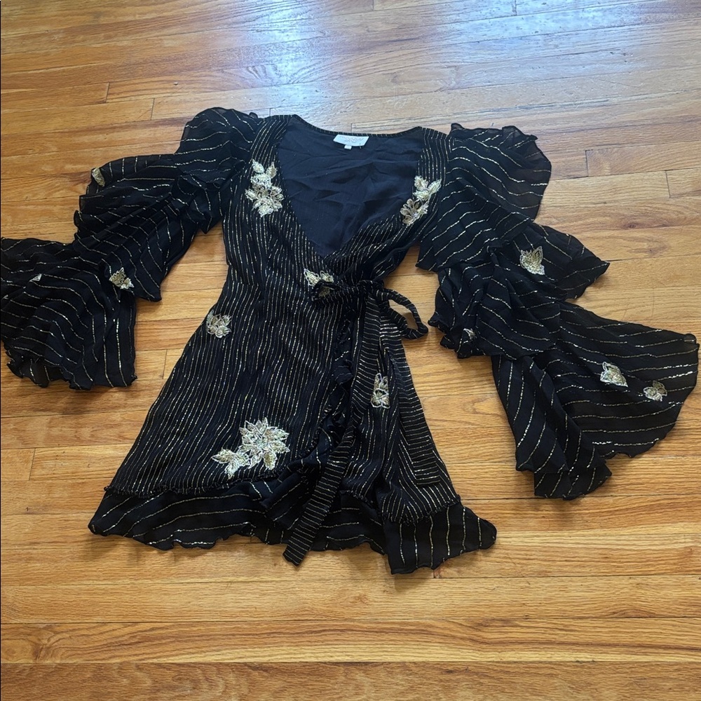 Rococo Sand Black and Gold Striped Floral Wrap Dress